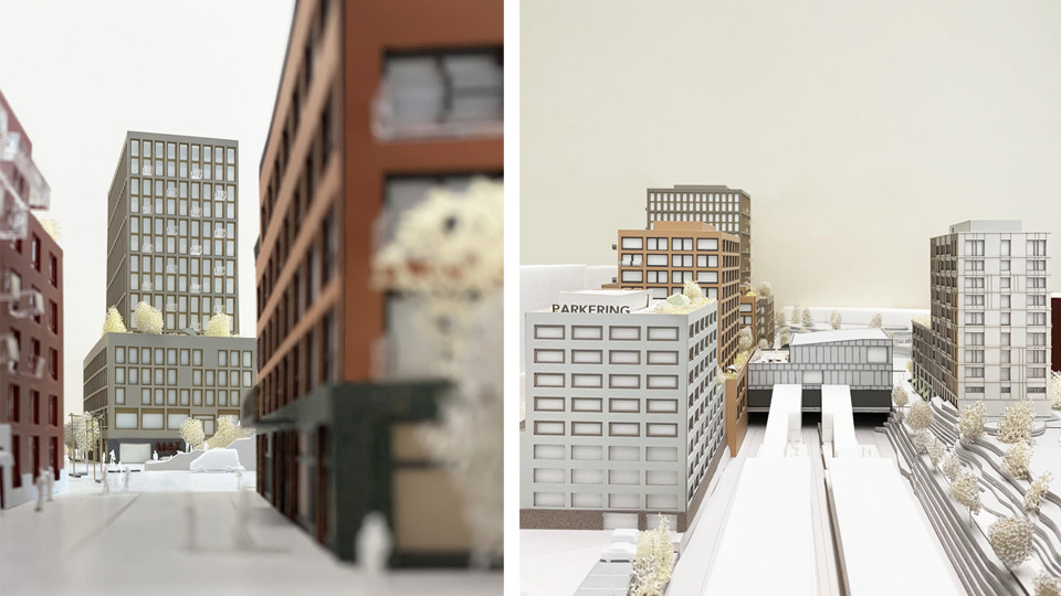 Två bilder som visar: 1. Höga kontors- och flerbostadshus vid torget. 2. Övertäckta tunnelbanespår som leder fram till biljetthall. Ogivet av höga kontors- och flerbostadshus. Illustration